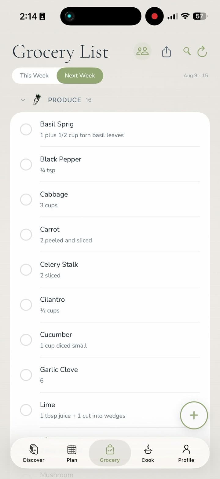 A grocery list automatically organized by the Mise app